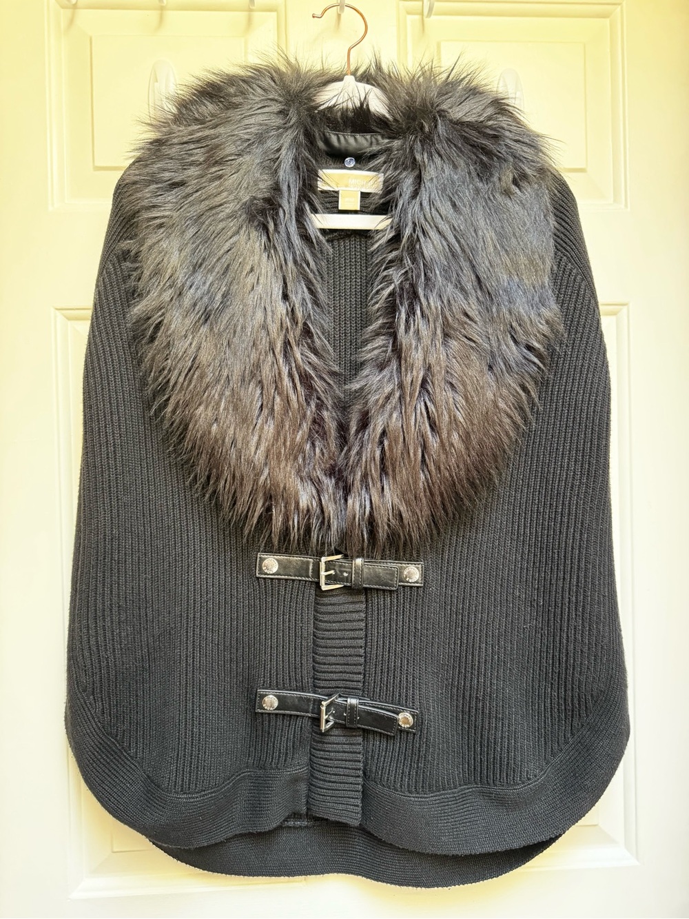 Michael Kors Black Sweater Knit Shrug Vest w/ Belts & Faux Fur Collar Medium P